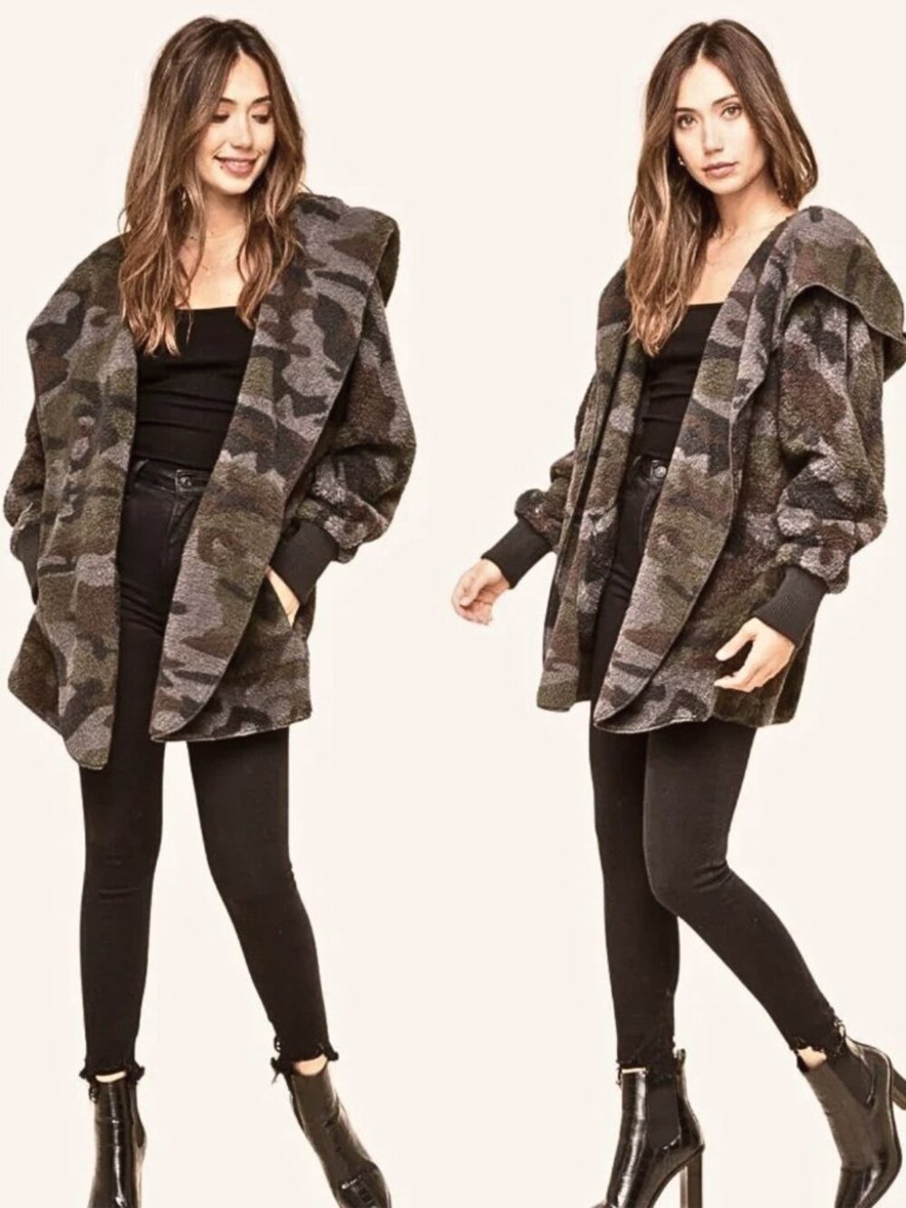 NEW Boutique Hooded Camo Teddy Jacket Cozy Sherpa Fleece Weekend Furry Soft Warm